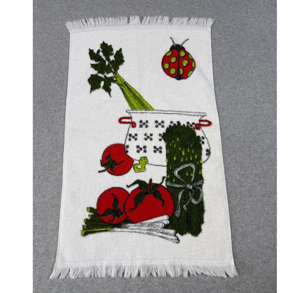 Vintage Ladybug Tomatoes Vegetables Kitchen Towel MCM Retro